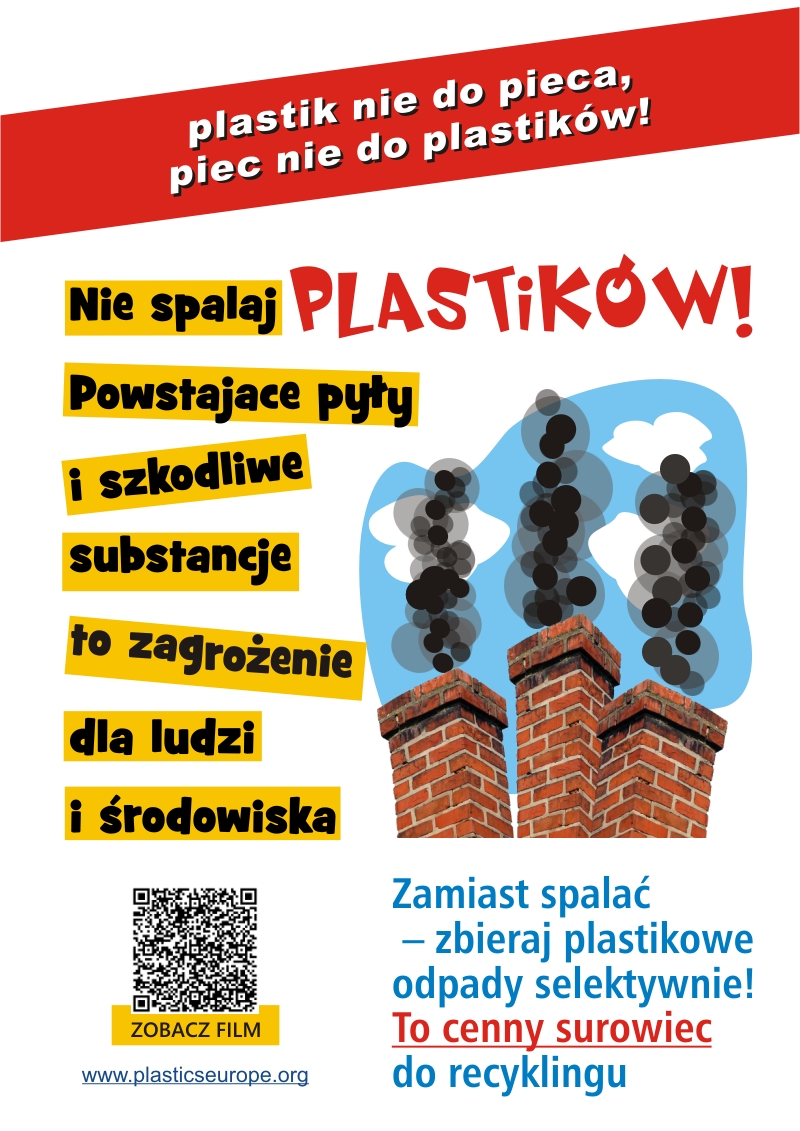 Plakat Plastik nie do pieca, piec nie dla plastiku. grafiki kominy z czarnym dymem