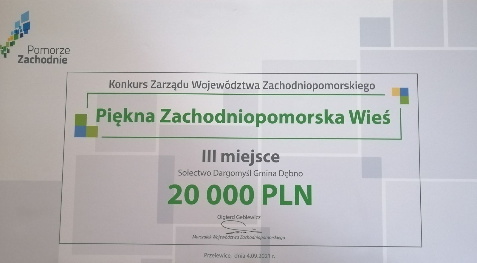 Powiększ czek dla Dargomyśla z kwotą 20000 PLN