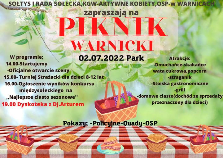 Powiększ plakat. Piknik warnicki, pełny program opisany w informacji. 