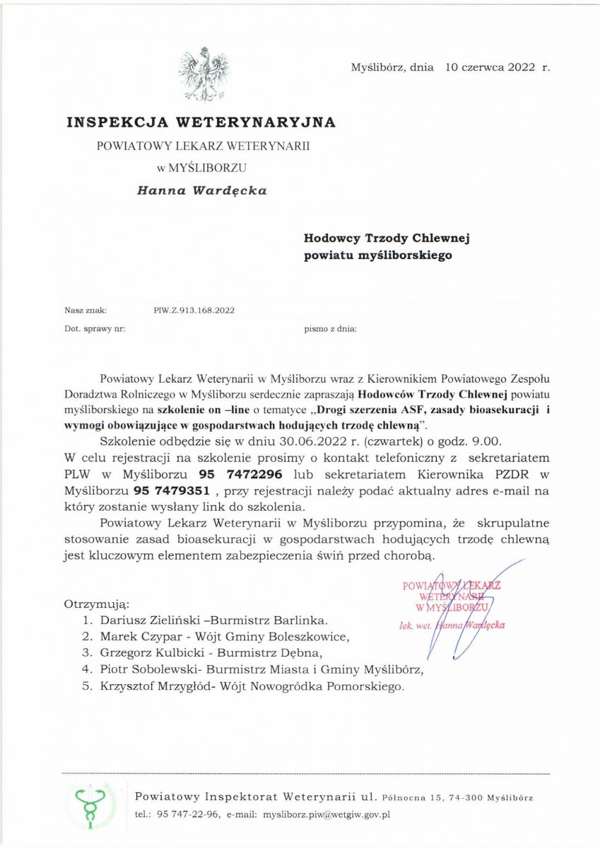 Powiększ zdjęcie. Pismo w sprawie szkolenia. Pełna treść w informacji 