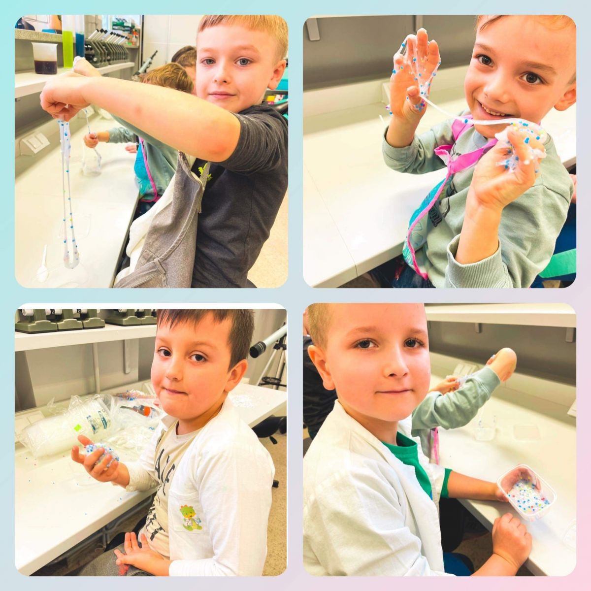 Powiększ zdjęcie. Cztery zdjęcia na każdym dziecko podczas zajęć w laboratorium