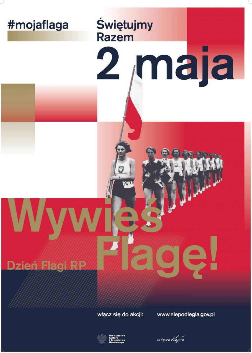 Powieksz biało - czwerwony plakat. napisy świętujmy razem 2 maja #moja flaga wywieś flagę 