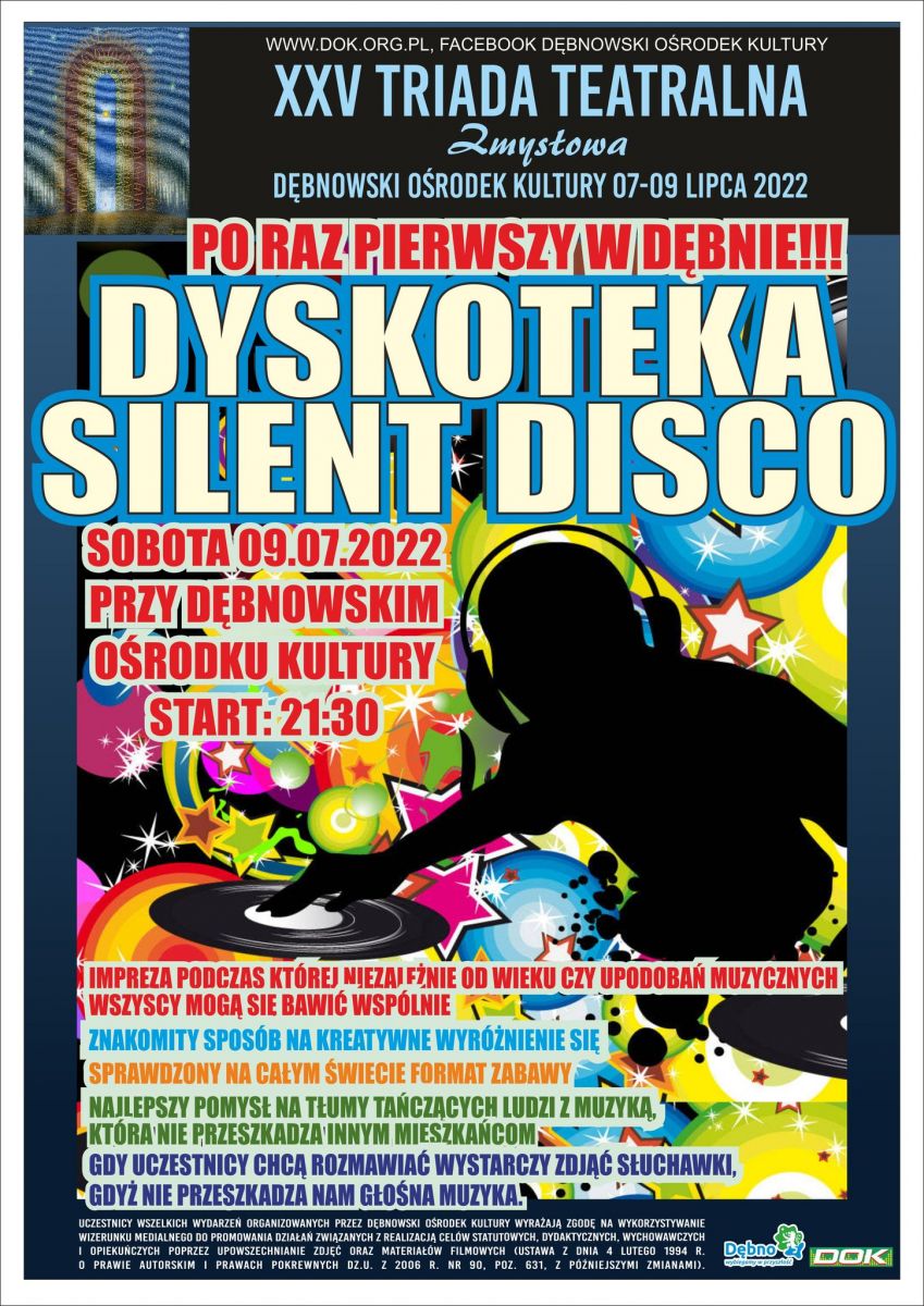 Powiększ plakat dyskoteka Silent Disco., Pełna treść w informacji