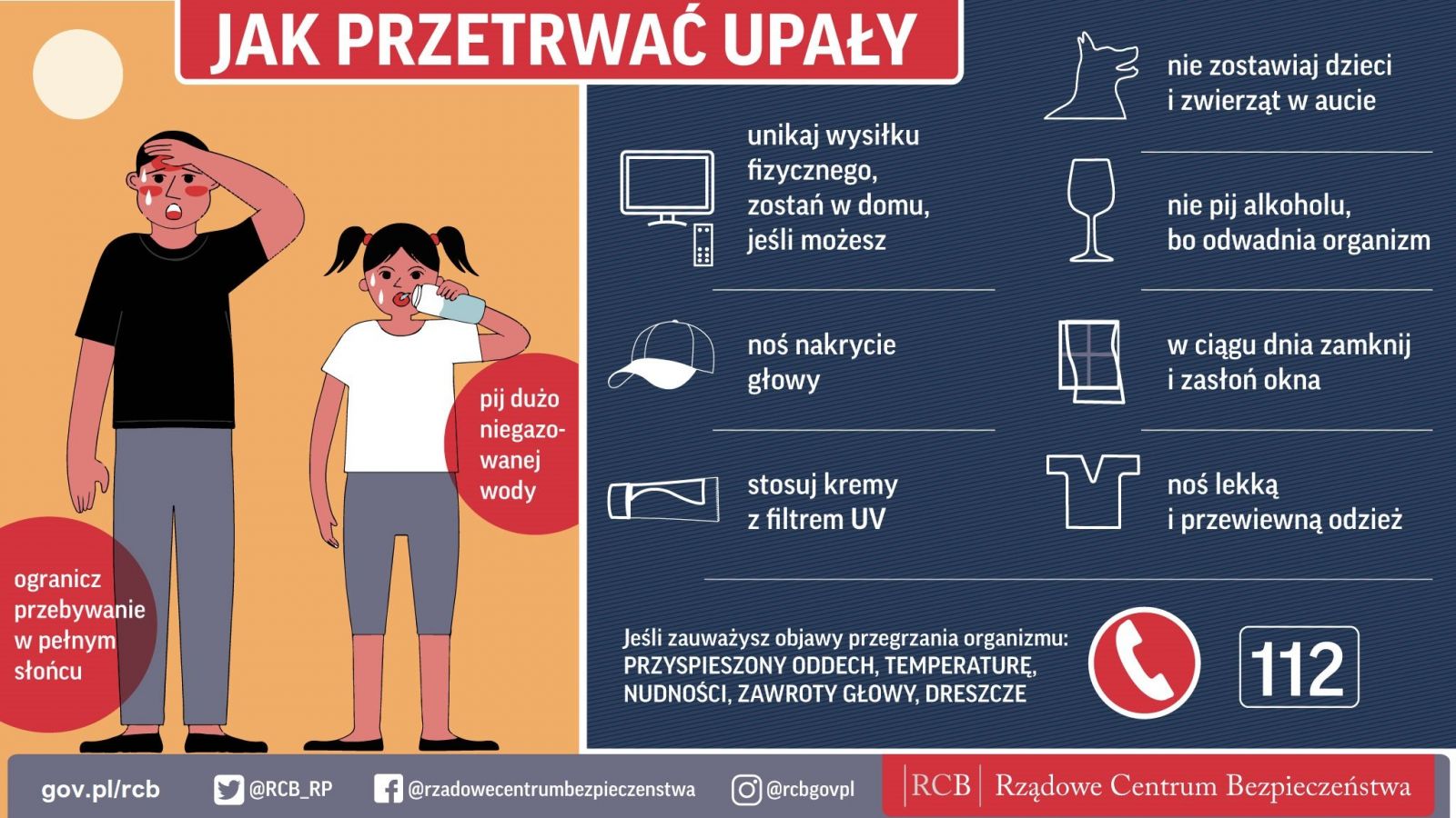 Powiększ grafikę. Zalecenia RCB jak przetrwać upały. Pełna treść w informacji