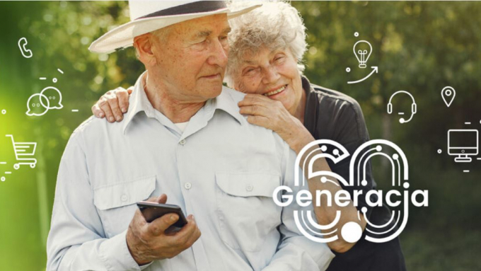 Powiększ grafikę. Para seniorów napis generacja 60