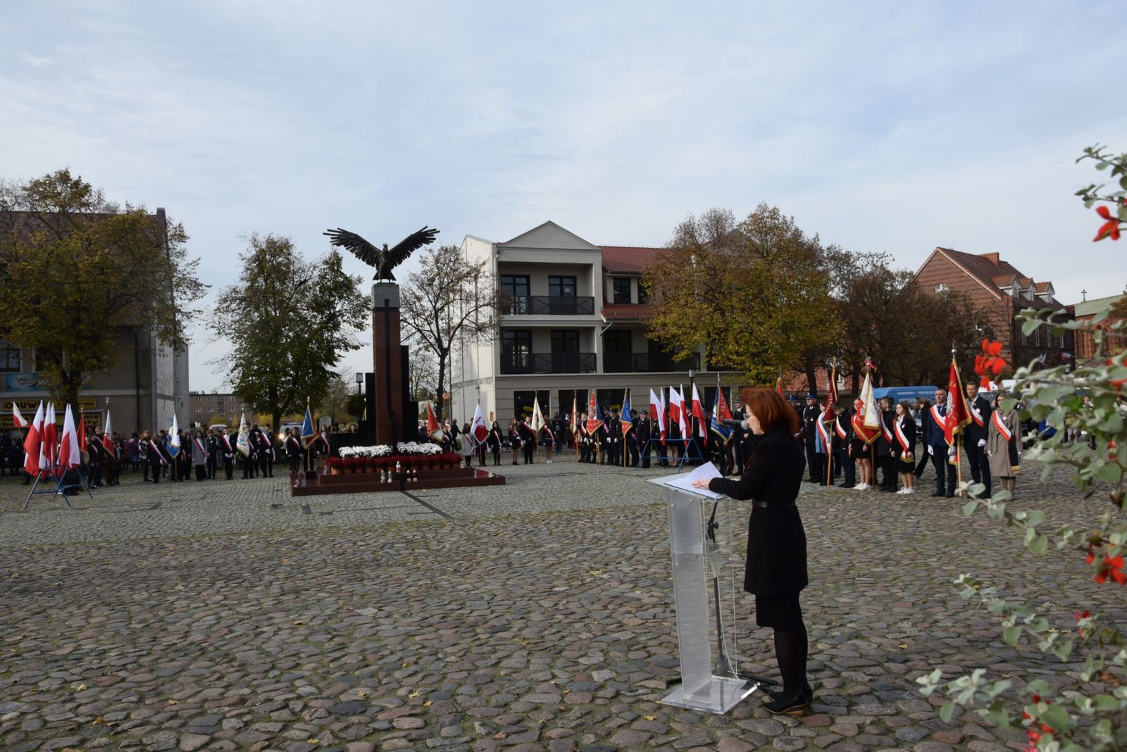 Na placu stoją liczne sztandary wokół pomnika orła Białego. 