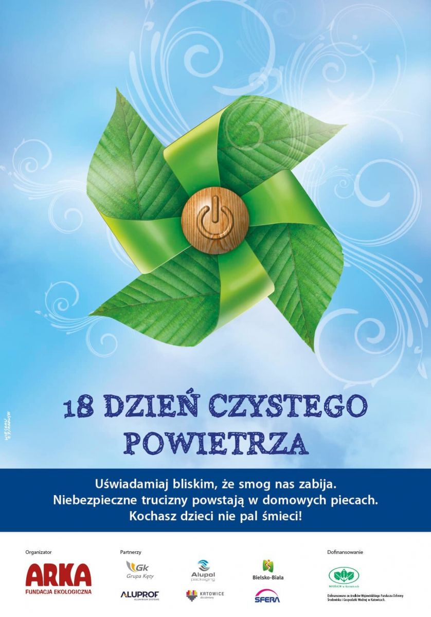 Powiększ plakat Dzień Czystego Powietrza. Zielony wiatraczek z przyciskiem, na niebieskim tle