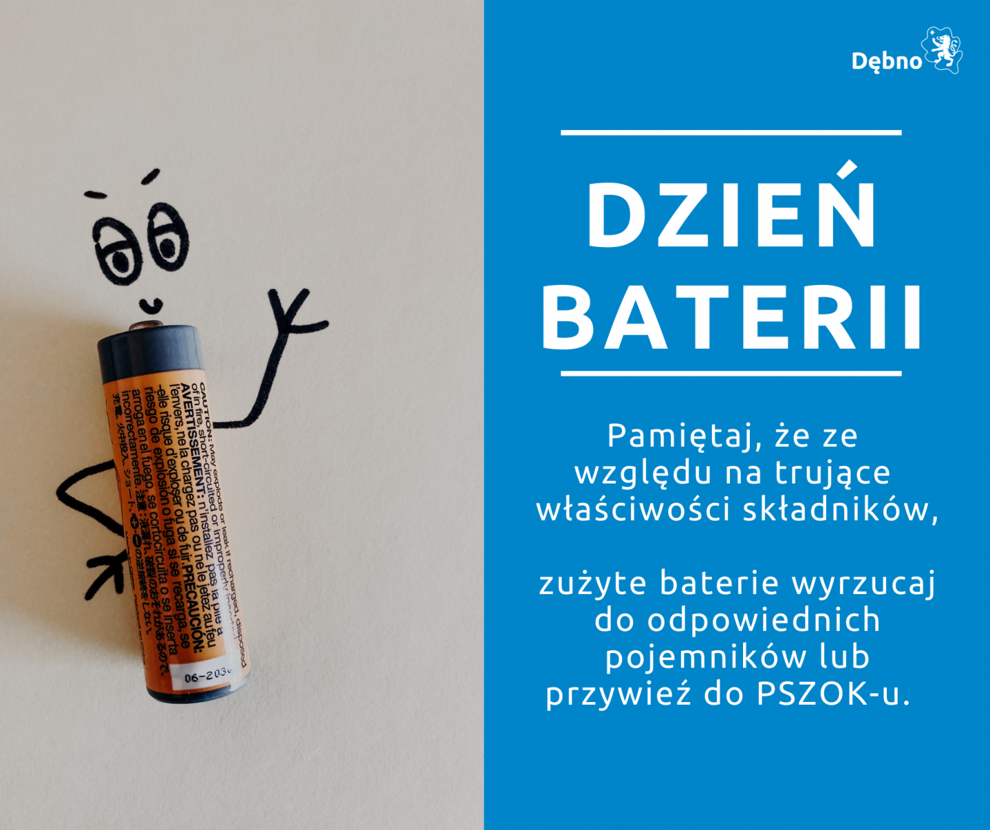 Powiększ grafikę. Napis Dzień Baterii, uśmiechnięta bateria. 