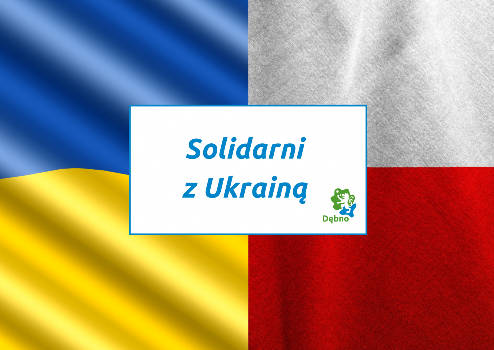 Powiększ grafikę. Na połowie flaga Ukrainy, flaga Polski napis solidarni z Ukrainą 
