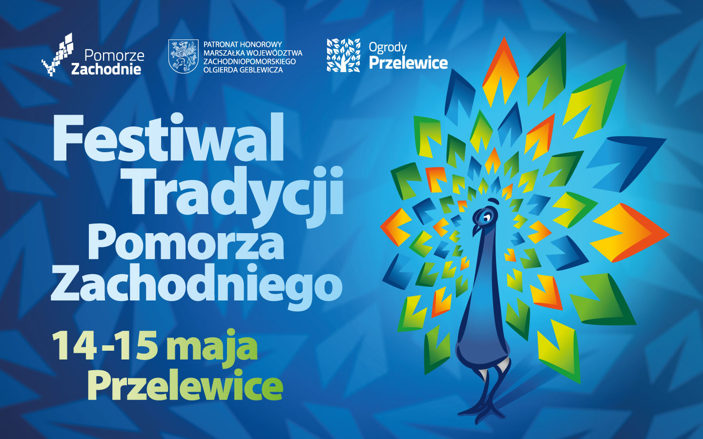 Powiększ baner promujacy Fewstiwal. Rysunkowy Paw z rozłożonym kolorowym ogonem. 