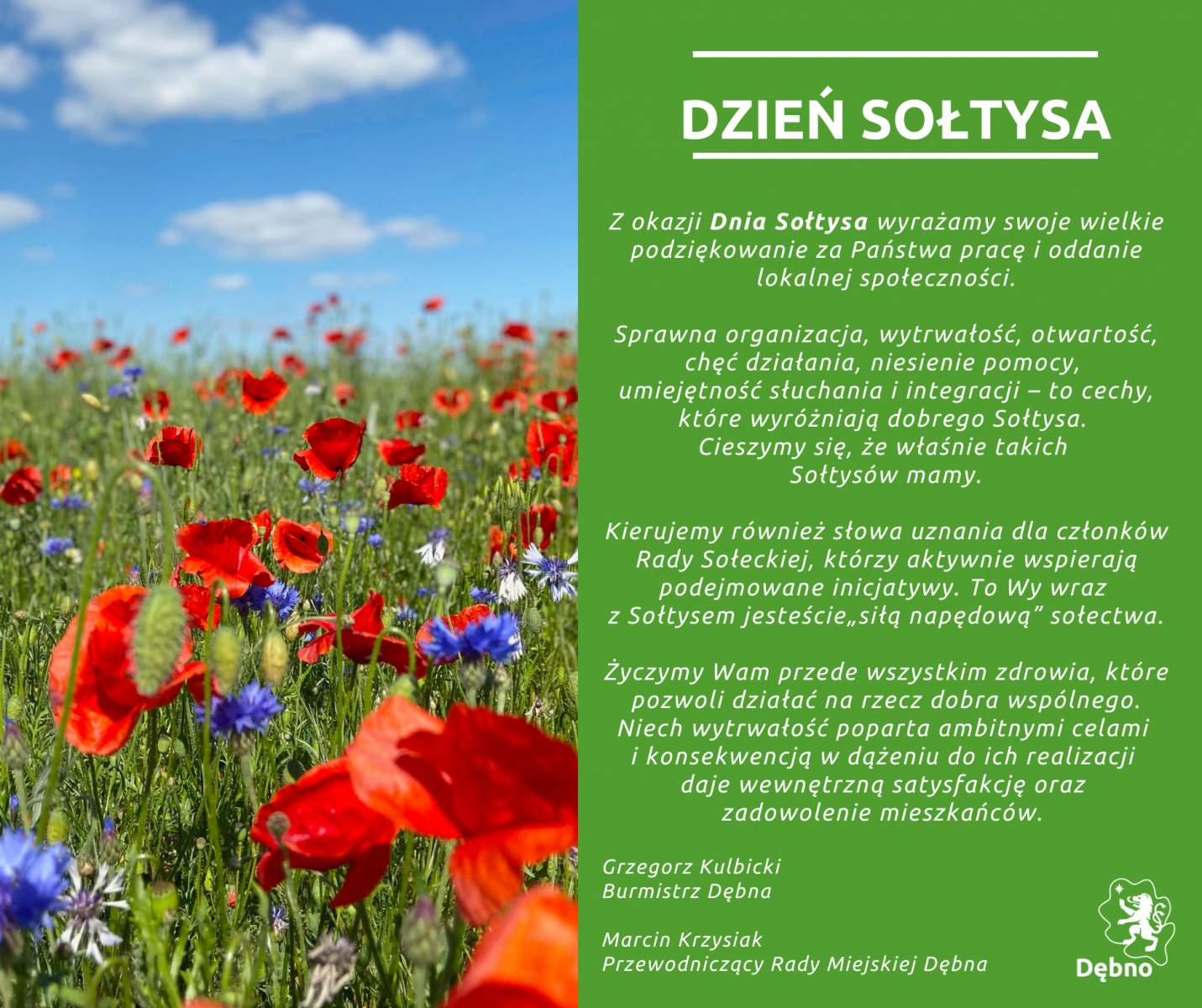 Powiększ grafikę. Życzenia z okazji dnia sołtysa. Pełna treść w informacji