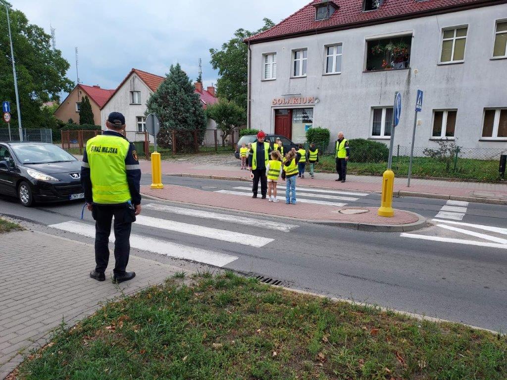 Dzieci w kamizelkach pod eskortą strażniczki przechodzą przez przejście z wysepką 