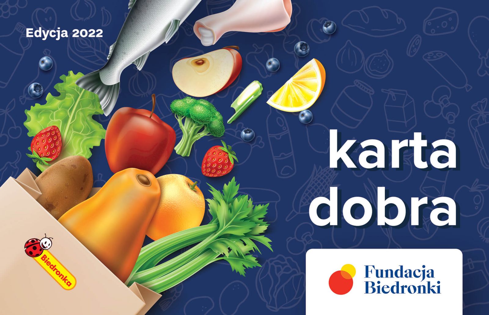 Powiększ grafikę. napis Karta dobra Fundacja Biedronki. warzywa owoce wystają z torby