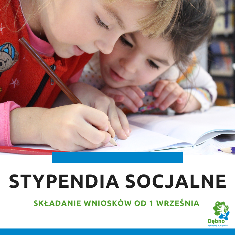 Powiększ grafikę. Dwójka dzieci pisze napis stypendia socjalne wnioski do 1 września 