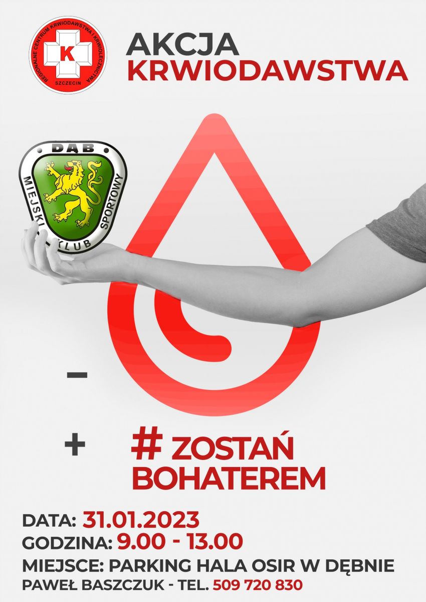 Powiększ plakat. Akcja Krwiodawstwa, logo PCK, Dąb Dębno, daty. Pełna treść w informacji