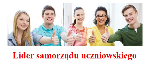 Powiększ baner uśmiechnięci młodzi ludzie i podpis lider samorządu uczniowskiego