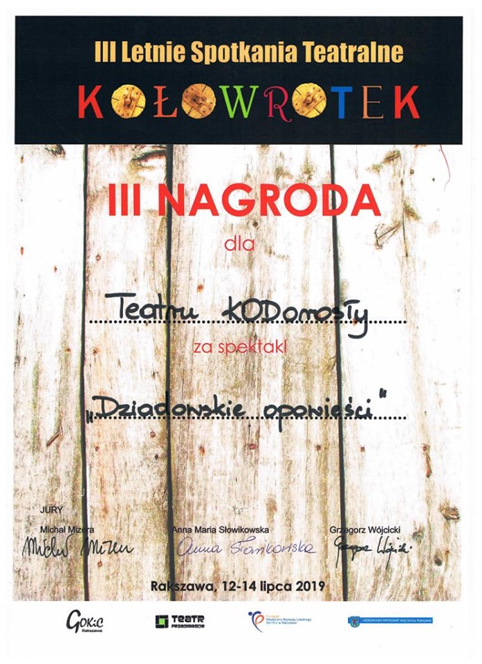 Powiększ dyplom dla Teatru KODorosły za spektakl "Dziadowskie opowieści"