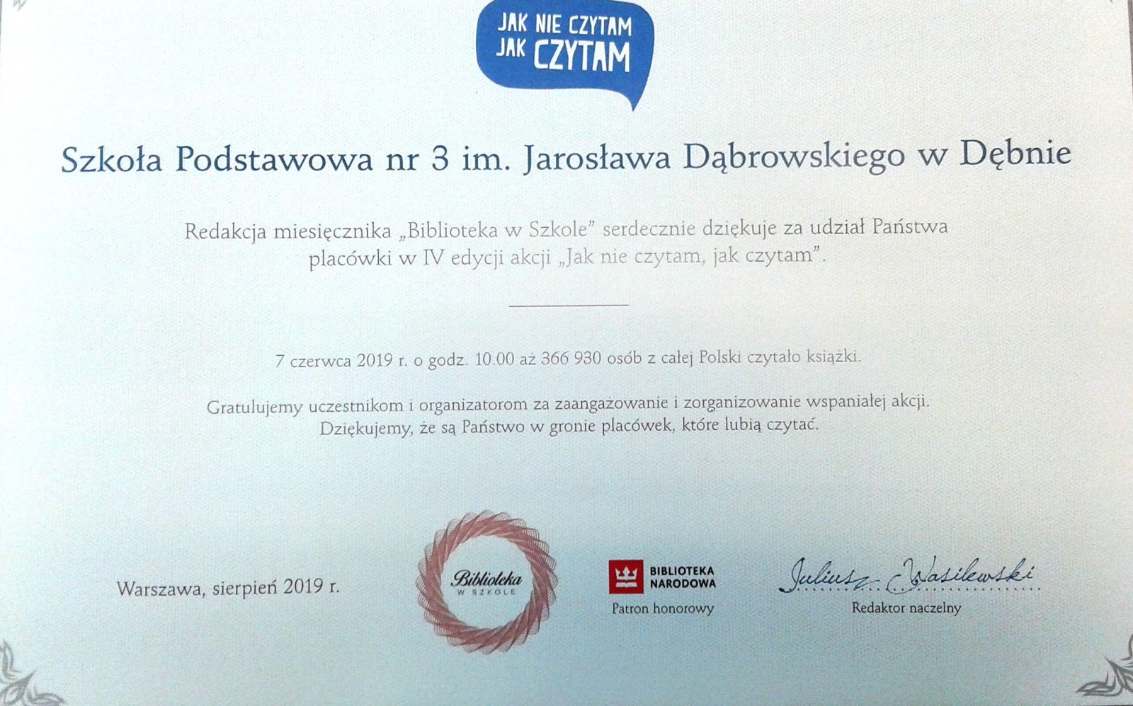 Powiększ podziękowania dla szkoły za udział w akcji