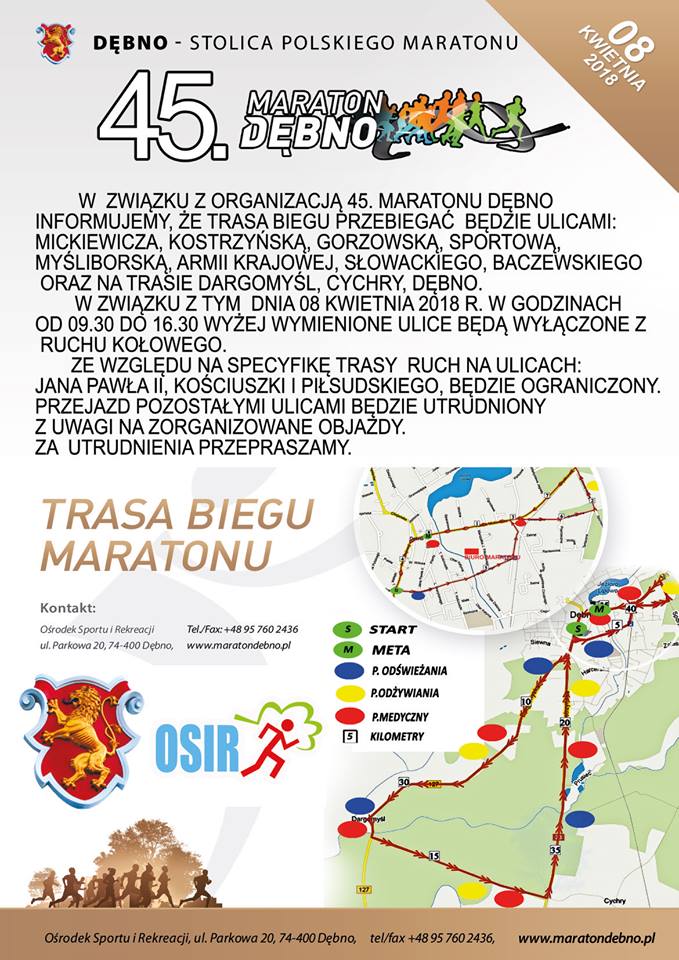 Powiększ plakat informujacy o utrudniach w dniu Maratonu Dębno