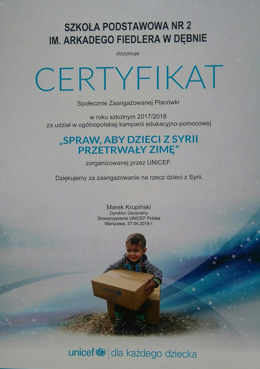 Powiększ certyfiakt UNICEF dla szkoły