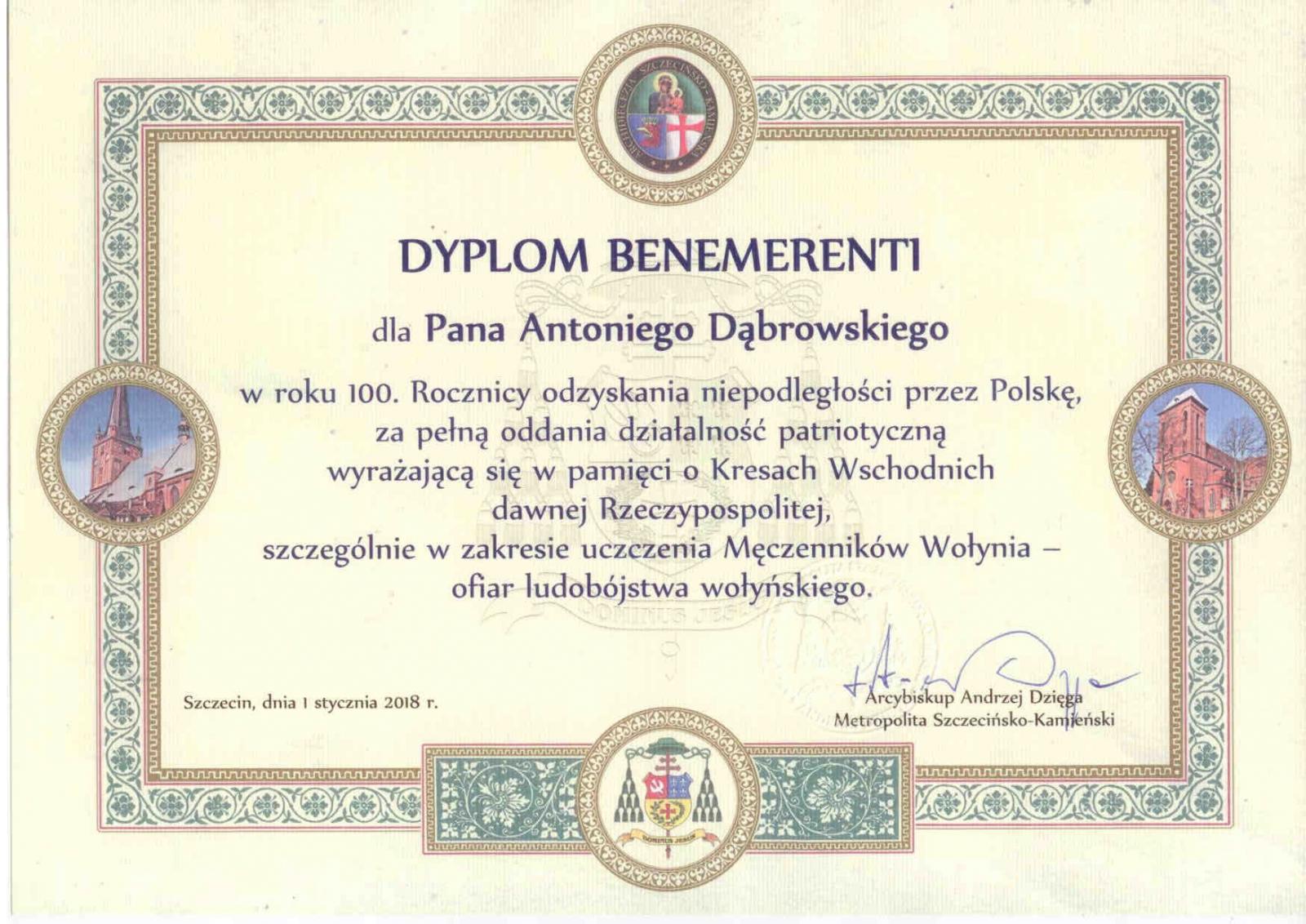 Dyplom dla Antoniego Dąbrowskiego