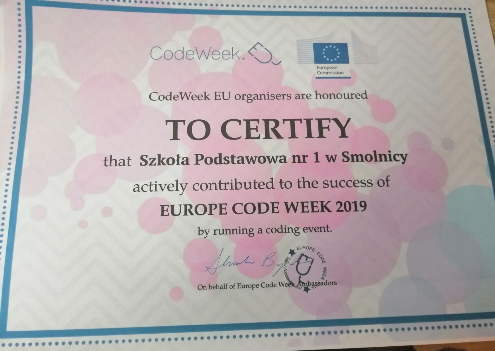 Certyfikat udziału w Europejskim Tygodniu Kodowania 