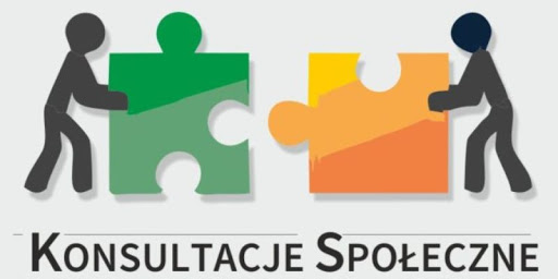 Logo - dwie stylizowane postacie ludzkie łączą puzzle pod spodem napis Konsultacje Społeczne