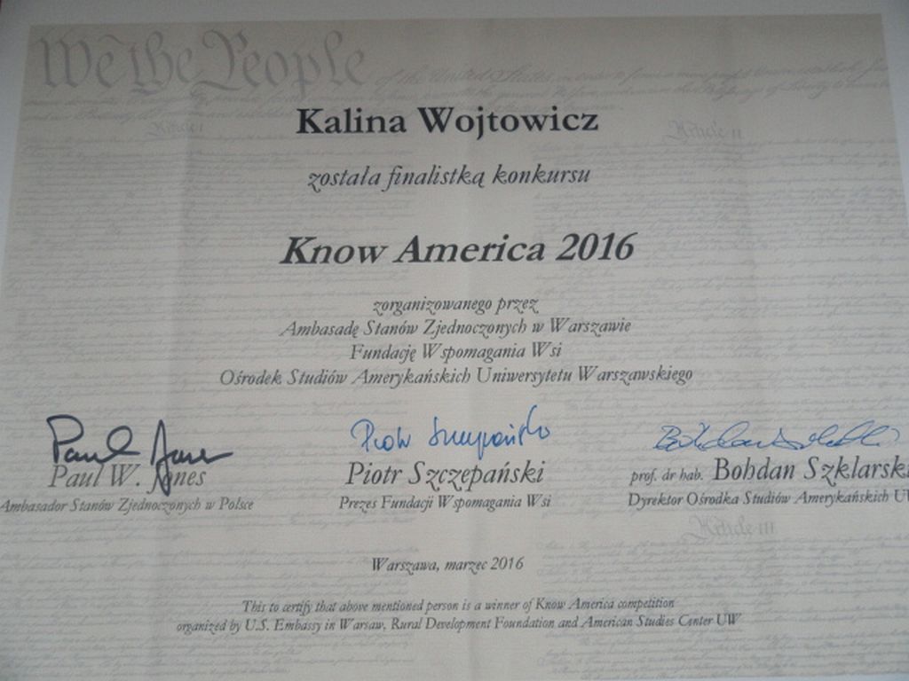 Dyplom dla uczennicy kaliny Wojtowicz