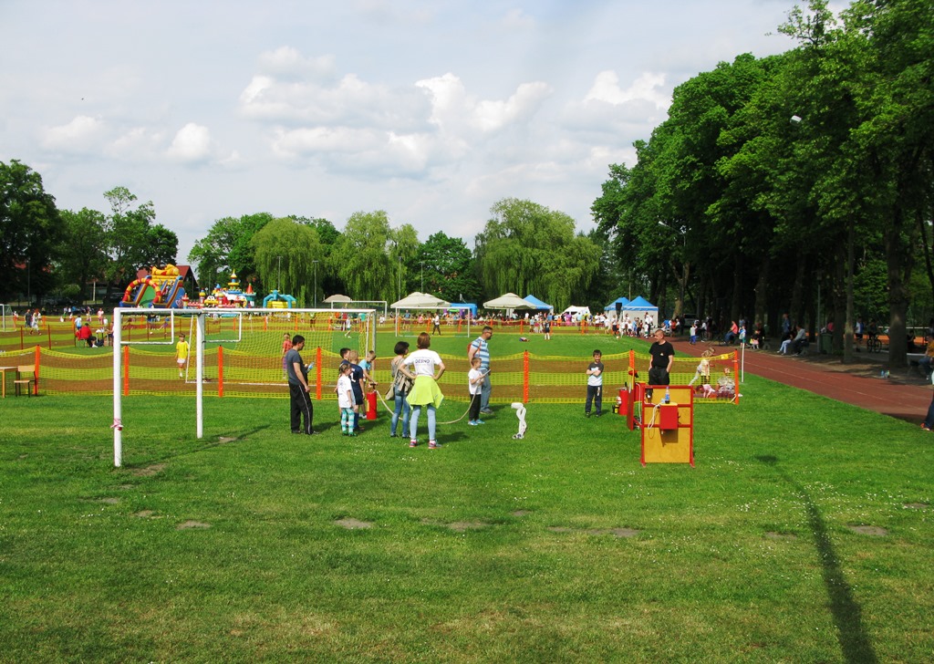 Widok na boisko sportowe, na którym odbywa się festyn (link prowadzi do powiększonej wersji zdjęcia