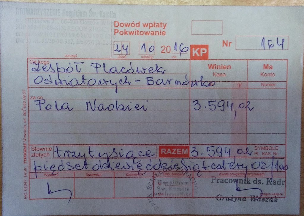 Pokwitowanie przekazanych środków dla Hospicjum w Gorzowie