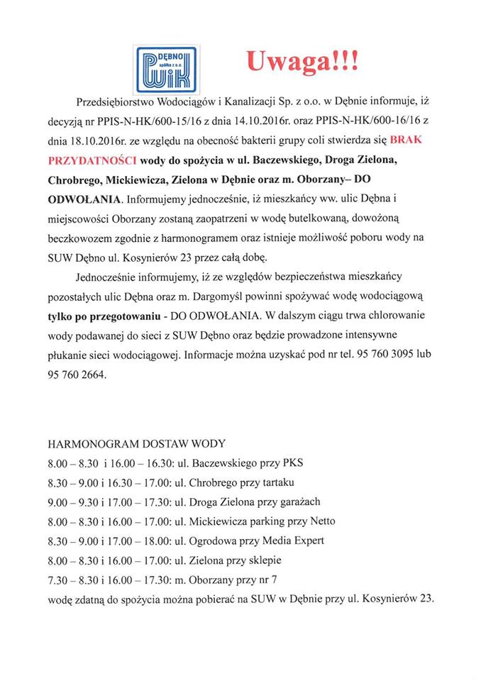 Ogłoszenie PWiK. Pełna treść w informacji poniżej. Kliknij aby powiększyć zdjecie.