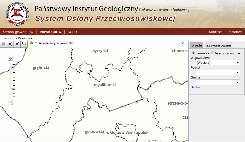 Mapa osuwisk na portalu Państwowego Instytutu Geologicznego