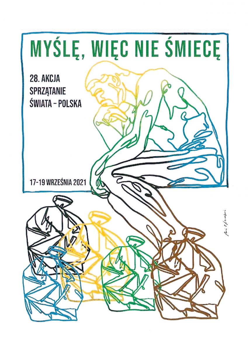 Powieksz plakat promujący wydarzenie. Postać filozofa, hasło Myślę, więc nie śmiecę