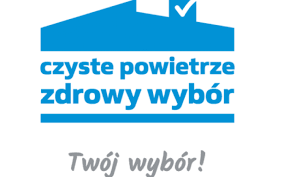 grafika niebieski dach z kominem pod spodem napis Czyste powietrze zdrowy wybór twój wybór 