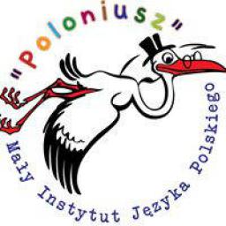 Logo Instytutu Języka Polskiego z wizerunkiem bociana w okularach i w meloniku.