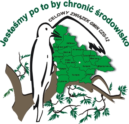 logo,Ptaszek, gałąź, mapa z gminami, napis po łuku Jesteśmy po to, by chronić środowisko