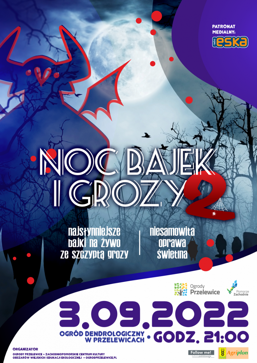 Plakat z programem - zaproszenie na Noc bajek do Przelewic