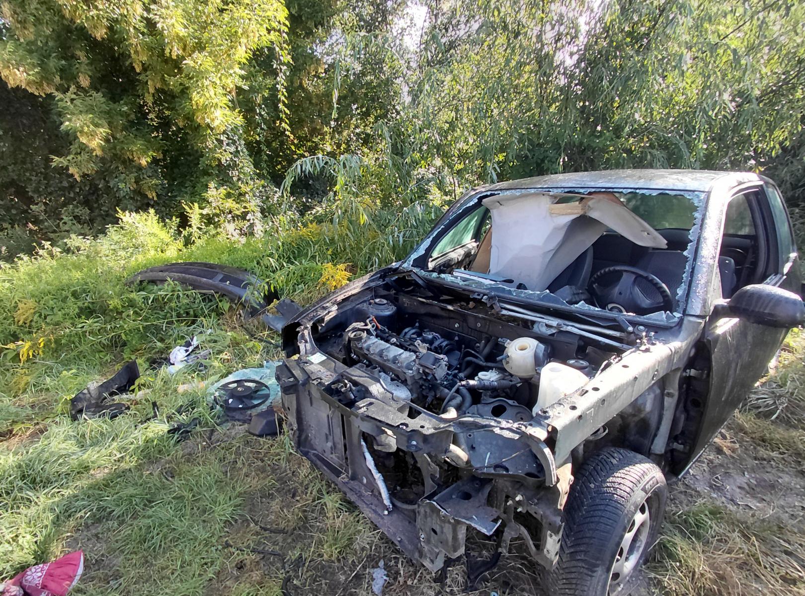 Powiększ zdjęcie. Porzucony wrak na terenie zielonym