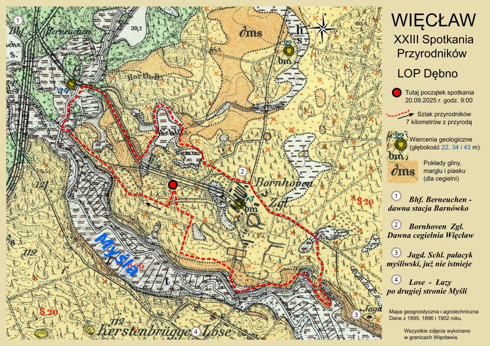 Mapa z przebiegiem spaceru i legendą punktów 