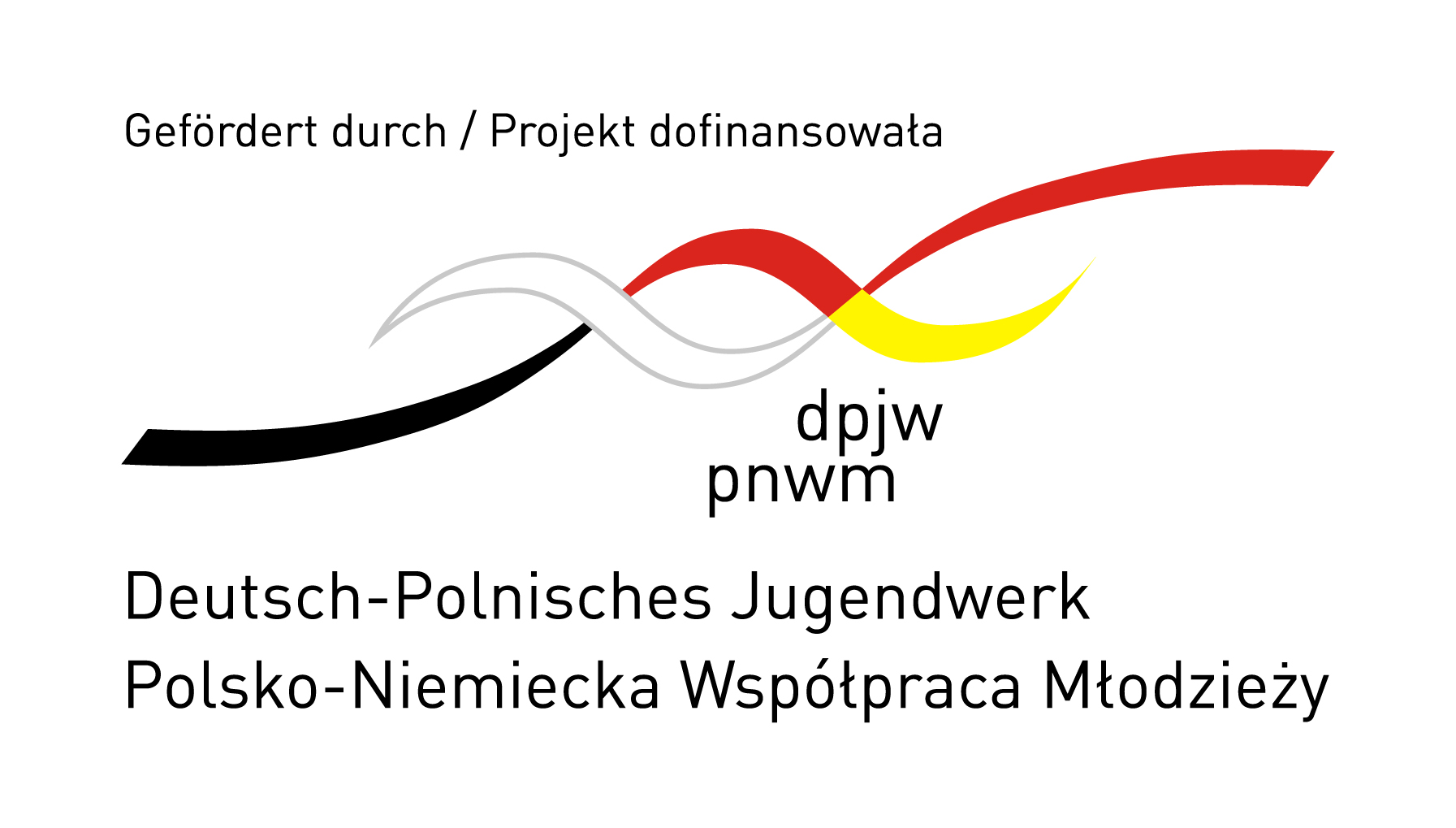 Logo Polsko-Niemiecka współpraca młodzieży. Znak wstęgi w kolorach czarny, biały, czerwony, żółtyprzeplatają się 