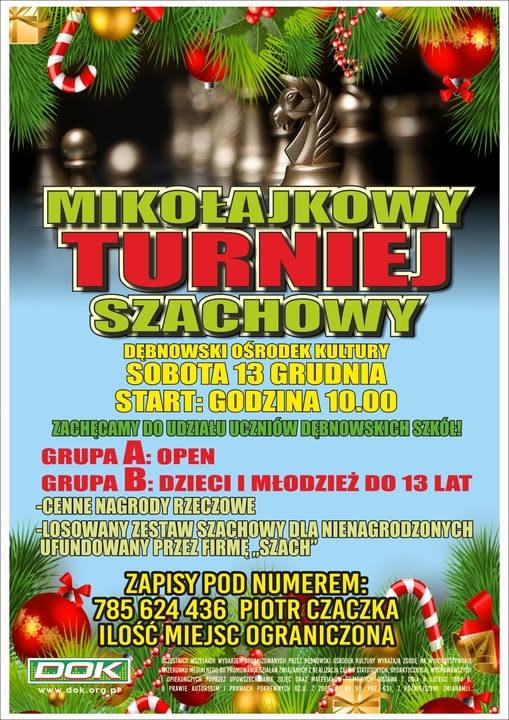 Plakat Turniej Szachowy. Pełna treść w informacji