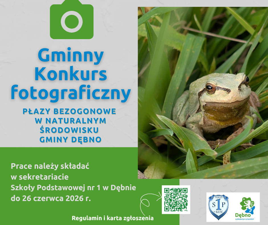 Grafika o konkursie. Tekst: nazwa konkursu, termin składania prac, żaba na zdjęciu 