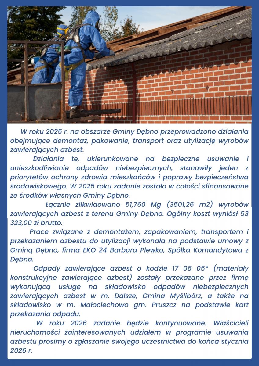 Na g&oacute;rze zdjęcie dw&oacute;ch os&oacute;b w specjalistycznym kombinezonie na dachu. Poniżej tekst, treść dostępna w informacji 