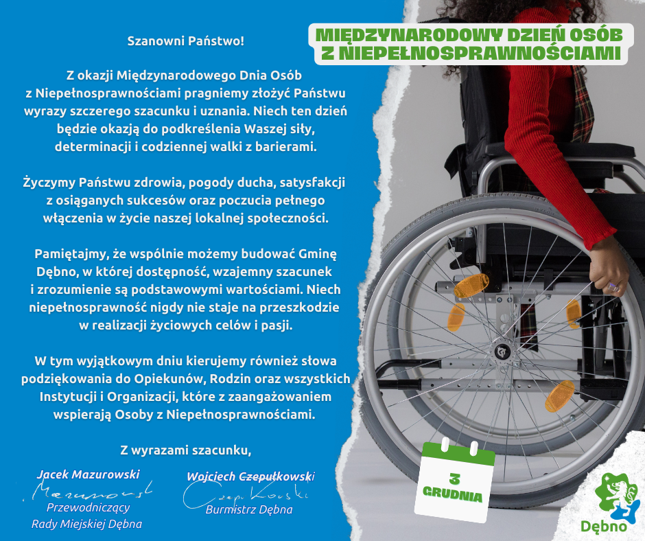 Kartka z życzeniami, po prawej zdjecie osoby niepełnosprawnej na wózku, po lewej treść życzeń. pełna treść w informacji