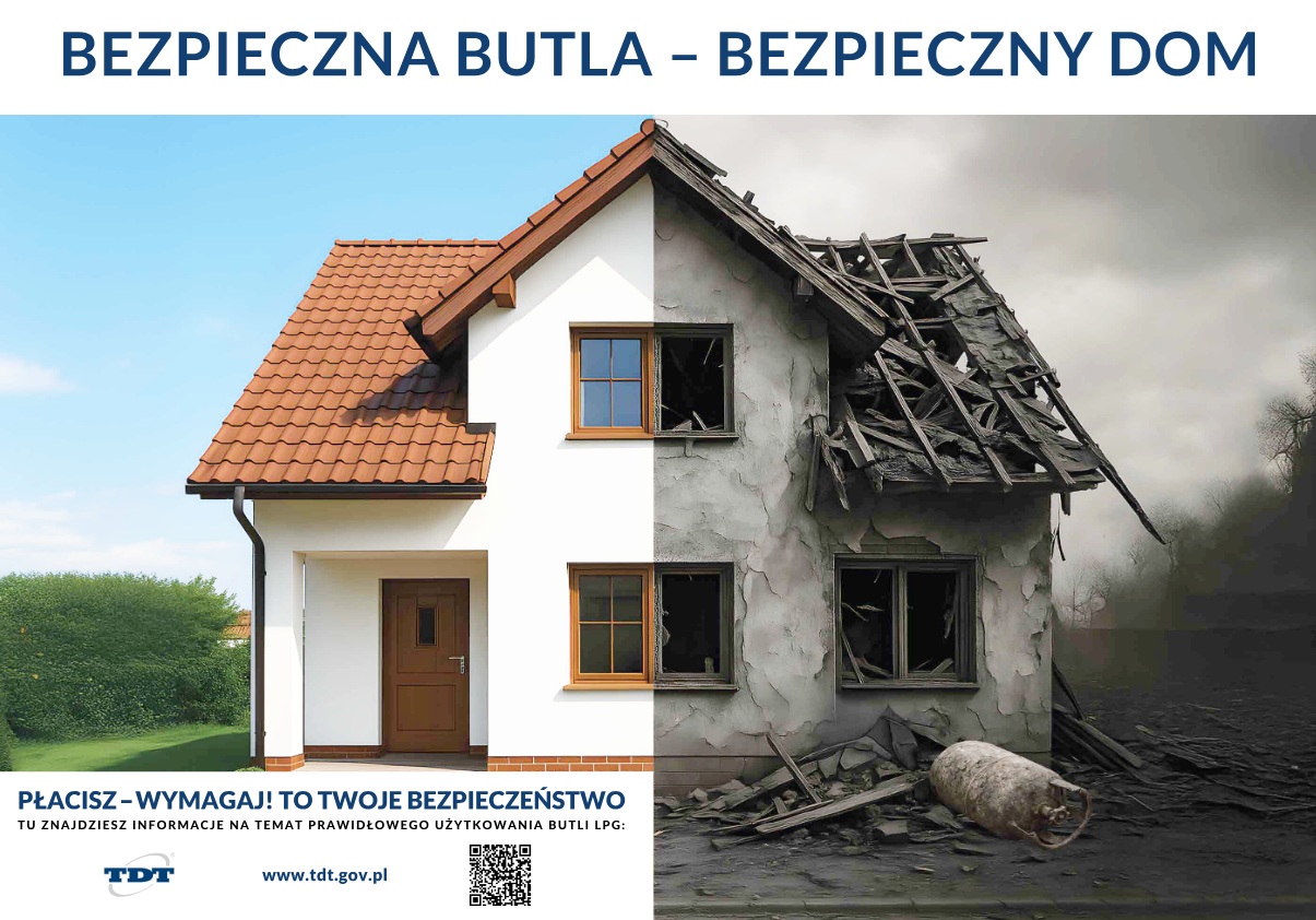 Powieksz grafikę bezpieczna butla - bezpieczny dom. Na zdjeciu pół domu ładnego, druga połowa spalona i zniszczona szara