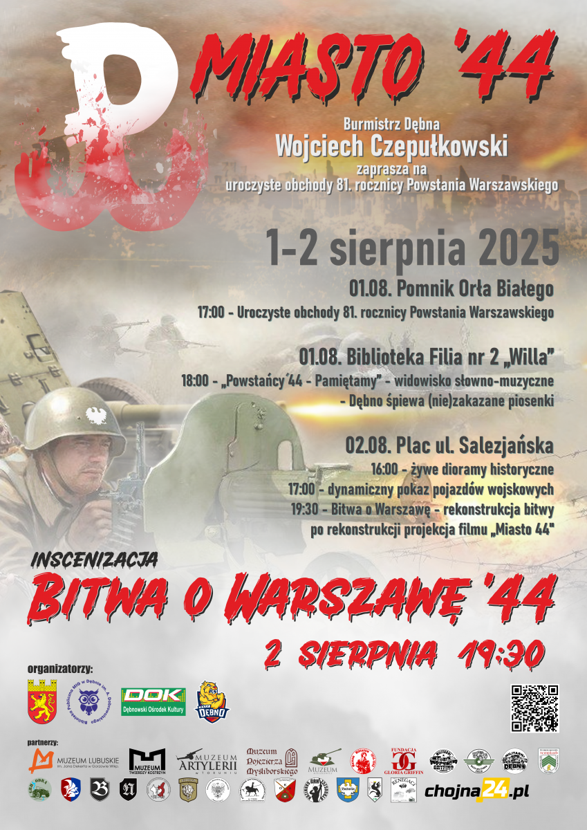 Plakat promujacy wydarzenie Powstanie Warszawskie. Program dostępny w informacji