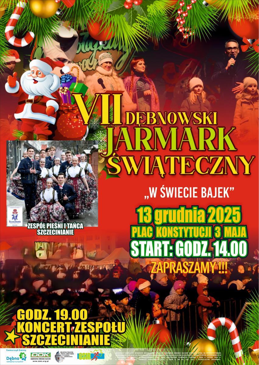 Plakat z akcentami mikołaja, gałązek, treść program, data. Pełna treść w informacji. 