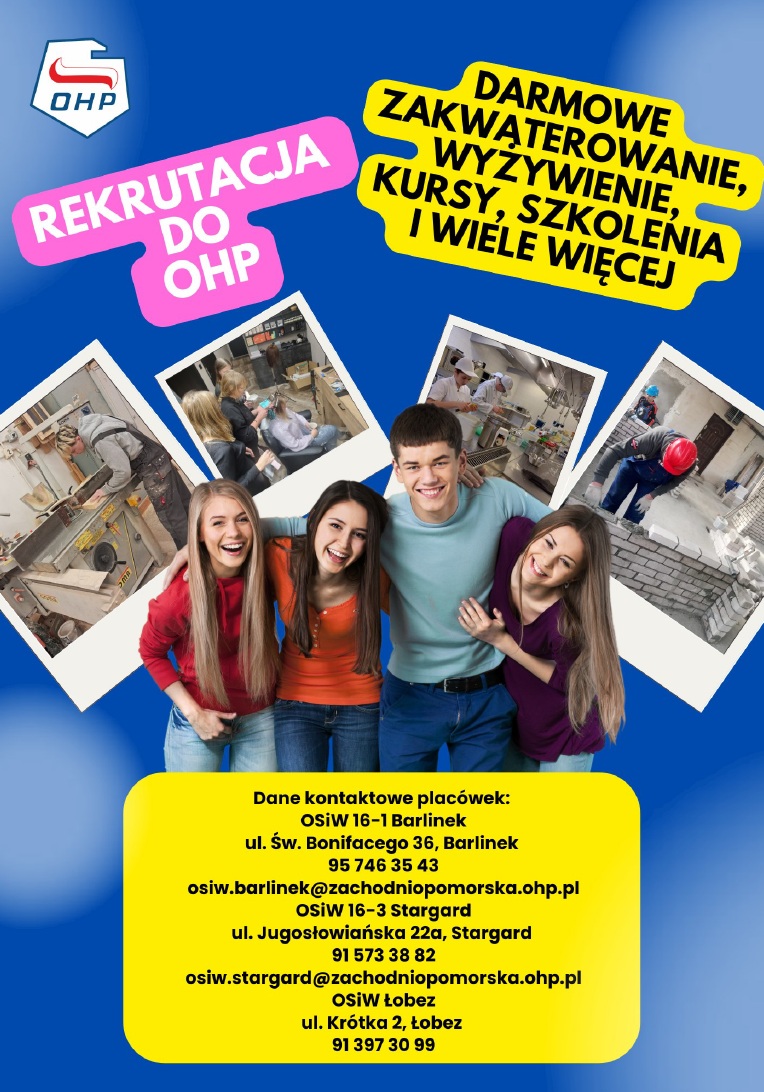 Plakat Rekrutacja do OHP na zdjeciu uśmiechnięta młodzież, i dane kontaktowe. Pełna treść w informacji 