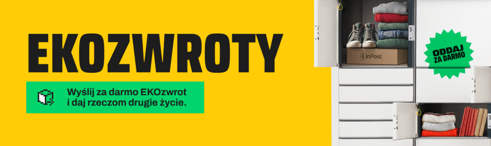 grafika na żółtym tle, po prawej  duży napis Ekozwrtoty, po lewej paczkomat otwarty a w nim ubrania i buty i napis oddaj za darmo