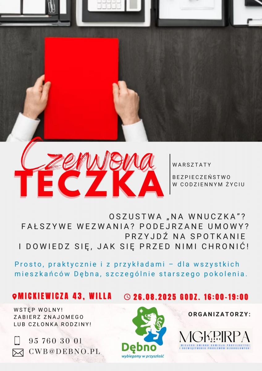 Powiększ plakat. od góry czerwona teczka na biurku, poniżej tresć Pełna treść w informacji